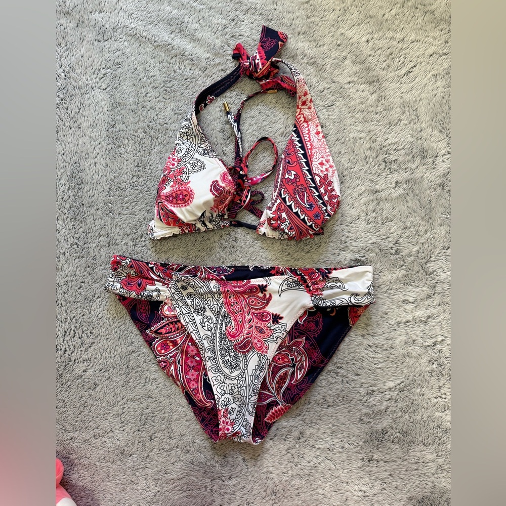Women’s (Reversible) Paisley Halter Bikini Set - Red/White/Navy